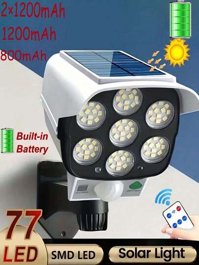 1/2 piezas Luces solares para exteriores, 3000 lúmenes, diseño de cámara de falsa, sensor de movimiento, lámpara de pared para jardín | 1200/2400mAh alimentadas por energía solar, control remoto, luz de emergencia para exteriores, luz para camping, decoración de jardín Luz solar de - Opciones de bombilla LED/COB de 77, 1 control remoto se ajusta a ambos modelos, ideal para patio, garaje, jardín, entrada, patio trasero, iluminación y regalos de Halloween/Navidad/Acción de Gracias