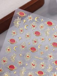 Baroque Style 5D Jelly Nail Stickers Set - Celestial Sun, Star & Heart Patterns With Ruby Accents, Self-Adhesive Semi-Smooth Effect Irregular Shape Plastic Decals For Handmade Nail Art 2pcs - Gold - View 5