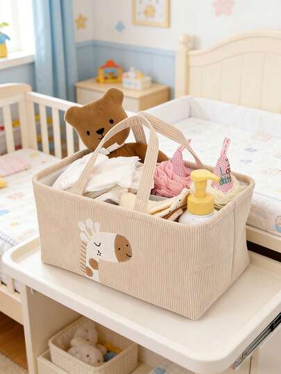 1pc Cartoon Lion & Giraffe Pattern Large Baby Diaper Storage Basket, Paper Rope Organizer Bin With Removable Divider, Portable Car Storage Bag, Suitable For Diapers, Baby Shower Gifts, Newborn Essentials