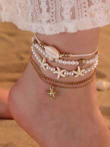 Set de 5 piezas de tobillera con estrella de mar, concha y perlas falsas de la serie Ocean Beach, estilo de vacaciones para mujeres - Multicolor - Ver 1