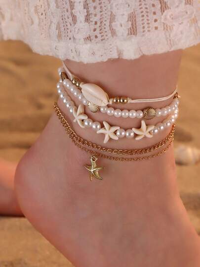 Set de 5 piezas de tobillera con estrella de mar, concha y perlas falsas de la serie Ocean Beach, estilo de vacaciones para mujeres