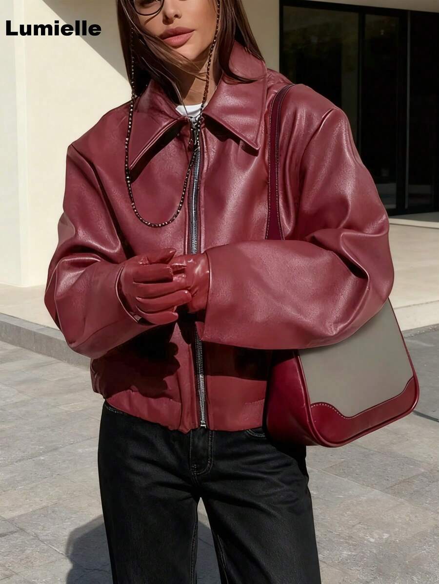 Lumielle Women's Loose Casual Faux Leather Jacket, Regular Fit, Autumn/Winter Viral Oversized Cropped Bomber Jacket | Y2K Streetwear Tredy Black Zip-Up Coat | It-Girl Aesthetic Fall Outerwear Jackets For Women Winter Clothes For Women Valentine Outfits For Women Gym Clothes Women - Red - View 1