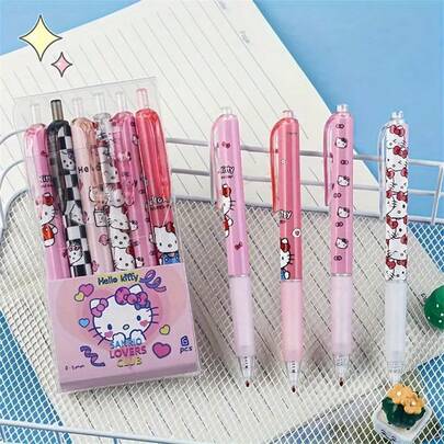 SANRIO Sanlio 6支装 Hello Kitty 黑色米粉肉桂卷旋律圆珠笔，卡通图案办公用品、学习用品，适用于绘画、书写，生日礼物、情人节、婚礼、旅行配件、返校季