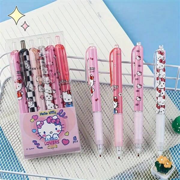 SANRIO Bộ 6 bút bi Sanlio Hello Kitty Black Rice Cinnamon Roll Melody, họa tiết hoạt hình, đồ dùng văn phòng phẩm, đồ dùng học tập, thích hợp để vẽ, viết, làm quà sinh nhật, quà tặng ngày Valentine, quà cưới, phụ kiện du lịch, quà tựu trường.