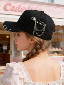 Mũ lưỡi trai kiểu dáng tối màu trang trí bằng kim loại với vòng sắt và tua rua, mũ chống nắng đôi. - màu đen - Xem 2