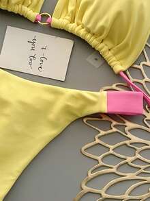 Women's Summer Beach Colorblock Sexy Bikini Swimwear Set Vacation - Yellow - View 6