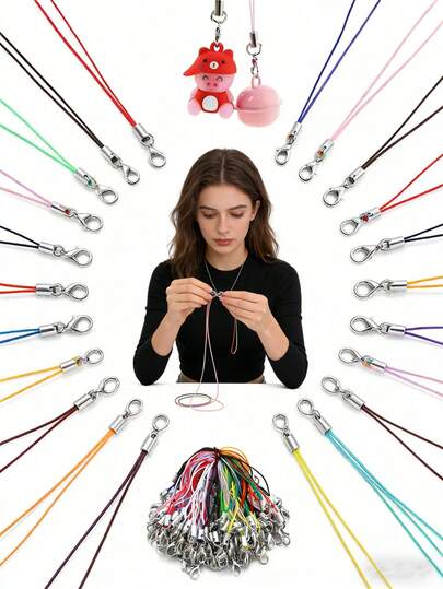 Set de 50/100/200 piezas de cordones decorativos negros con ganchos de langosta, llaveros y charms para teléfono