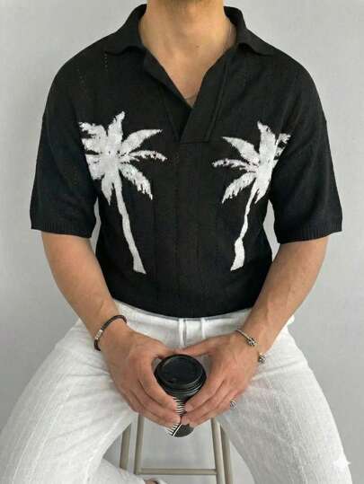 男士休闲度假通勤撞色 Polo 领半开襟椰树图案时尚舒适轻盈短袖针织衫，黑色毛衣，春夏款