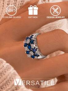 1pc S925 Sterling Silver Blue Zirconia Cluster Ring, Oval Main Stone Sparkling Band, Luxury Silver Ring For Party/Evening, Gift Box Included - Silver - View 9