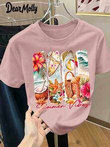 DEAR MOLLY Summer Beach Themed Print Round Neck Short Sleeve T-Shirt, Suitable For Parties, Gatherings And Various Occasions, All-Season, An Ideal Gift For Mom - Baby Pink - View 1