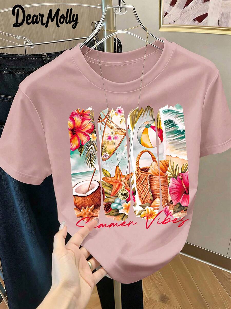 DEAR MOLLY Summer Beach Themed Print Round Neck Short Sleeve T-Shirt, Suitable For Parties, Gatherings And Various Occasions, All-Season, An Ideal Gift For Mom - Baby Pink - View 1