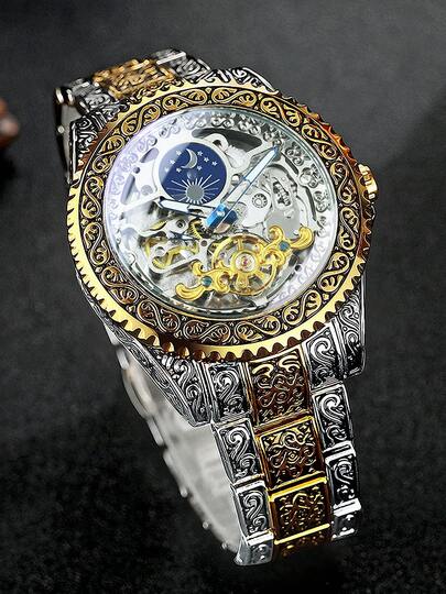 T-WINNER 男士奢华复古陀飞轮镂空自动机械腕表，夜光指针，月相旋转表圈，镌刻设计，不锈钢表带，商务休闲两相宜，礼品