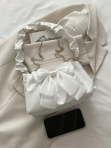 Bolso de hombro con correa de cadena plisada y adorno de lazo - Blanco - Ver 7