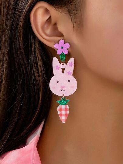 1 Pair Fashionable Easter Acrylic Earrings, Rabbit & Carrot Flower Stud Earrings Pendant, Cute Popular Women Jewelry