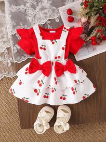 2件套女婴可爱红色罗纹连体衣+樱桃印花背带裙套装，春夏假日 - 紅色 - 查看 1