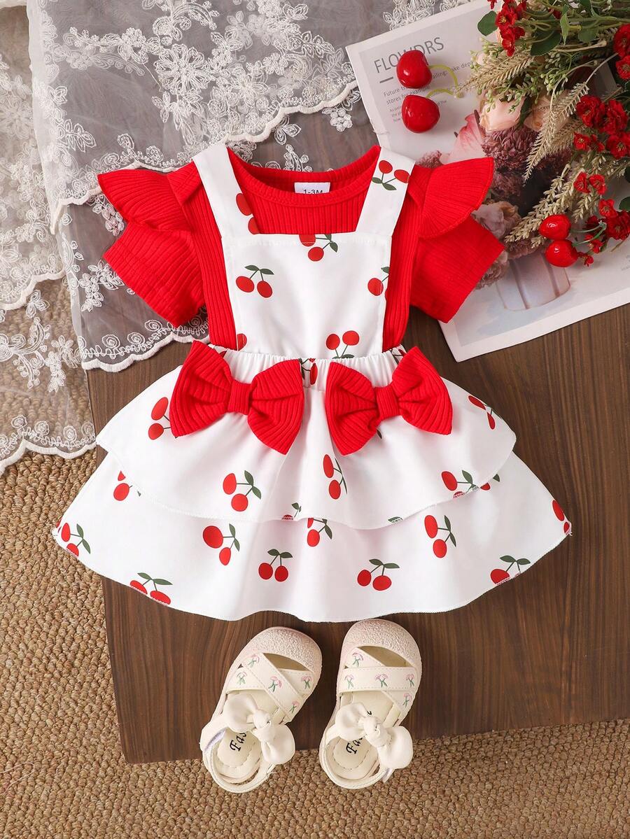 2件套女婴可爱红色罗纹连体衣+樱桃印花背带裙套装，春夏假日 - 紅色 - 查看 1