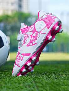 Zapatos de fútbol para todo el año, estilo campus, zapatos de entrenamiento de fútbol, zapatos de partido de fútbol, parte superior con patrón de camuflaje asimétrico, cierre de conveniente (algunos con puntos rojos en las suelas blancas) - Rosa - Ver 5