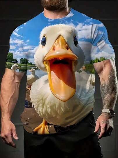 男士3D鸭天鹅印花T恤，鸭嘴/天鹅眼设计，透气短袖圆领休闲派对上衣，夏季服装，可机洗，常规版型（舒适的鸭子图案T恤）