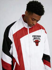 Vintage Basketball Training Men's Color-Block Zip-Up Jacket With Team Logo Print, Casual Athletic Track Outerwear - Đỏ - Xem 2