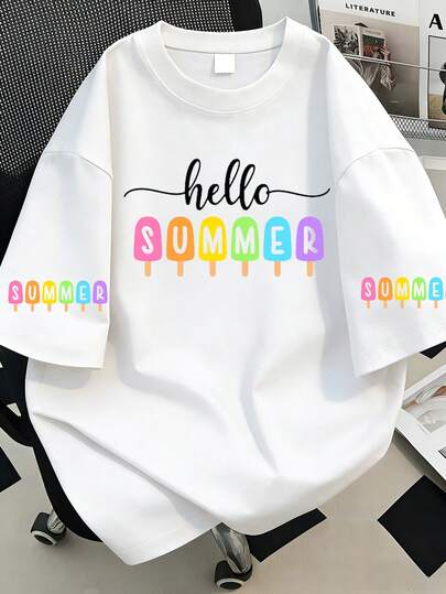 加大码字母印花休闲圆领短袖T恤，夏季