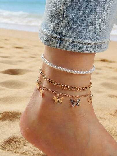 3件套波西米亚风金属蝴蝶流苏仿珍珠脚链套装（女士款）