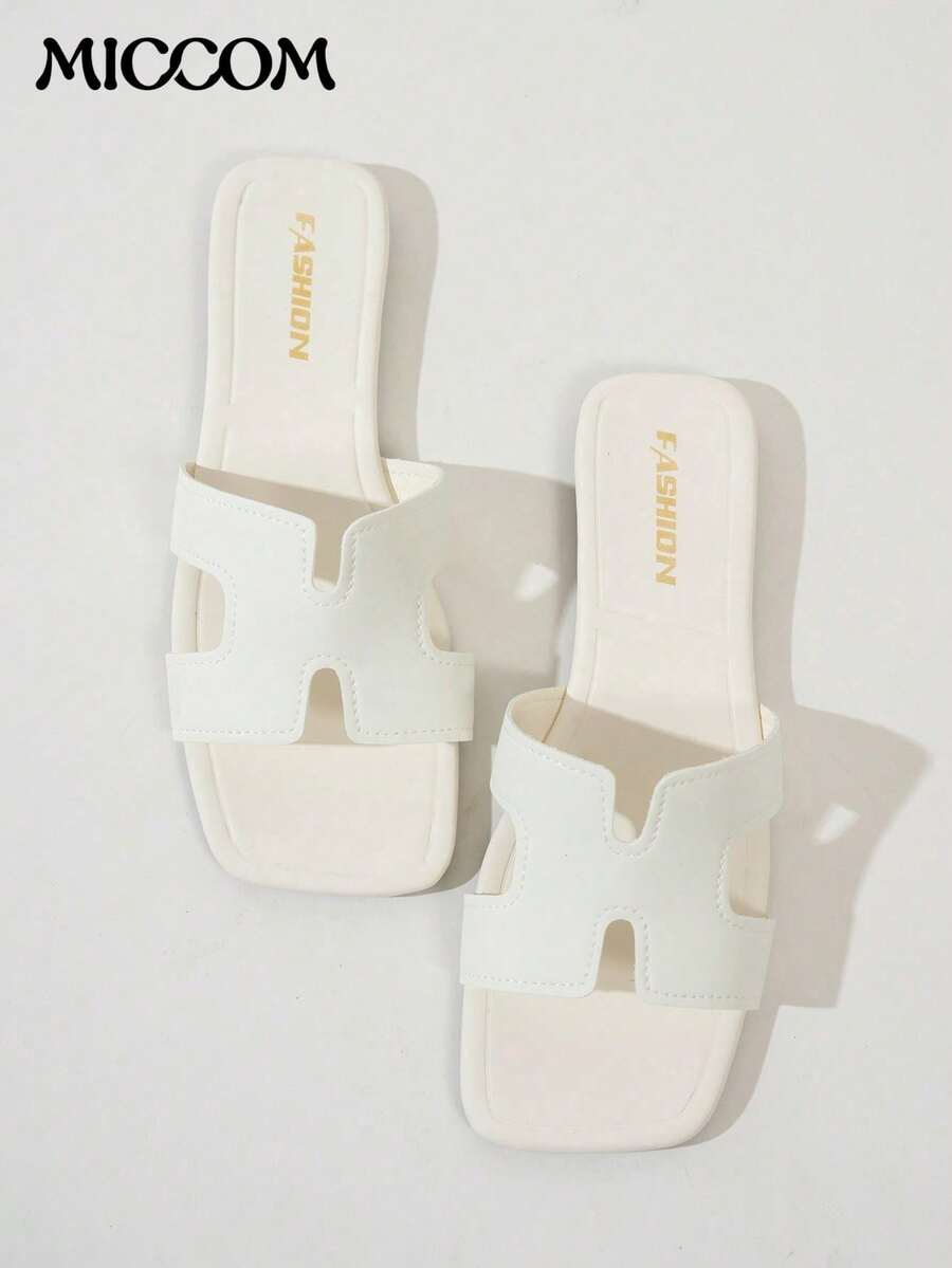 Dammode Platta Slip-On Sandaler med Fyrkantig Tå, Mångsidiga Sommarskor för Dam - Beige - Visa 1