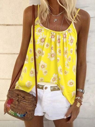 Summer Fashion Vacation Sweet Energetic Daisy Print Cropped Loose Camisole Top, Suitable For Beach, Vacation, Daily Casual Wear, Comfortable And Versatile For Women