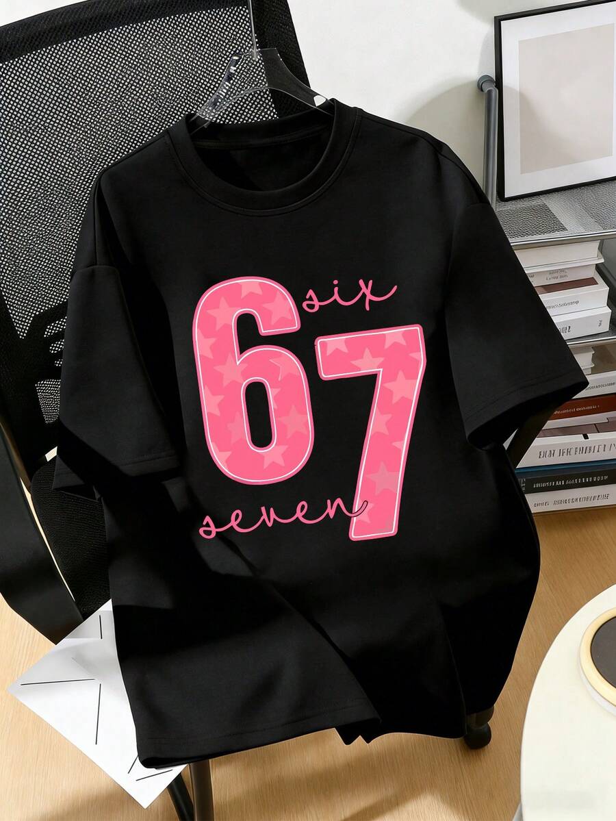 Tween Girl Numeric Print Casual Loose Fit Short Sleeve Round Neck T-Shirt - Suitable For Spring/Summer School And Outdoor Wear - Black - View 1