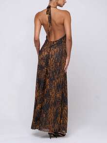Women Ruched Polka Dot Long Dress Backless Low Cut Halter Neck Maxi Dress Dots Print Wedding Guest Party Gown - 深棕 - 查看 5