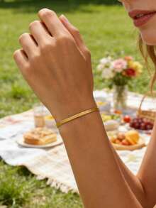 1条简约男女通用不锈钢蛇骨链手链，时尚扁平链手链，高品质电镀，防褪色，简约优雅，适合男女日常佩戴，珠宝配饰 - 金黃色 - 查看 3