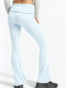 Women's Flared Pants Stylish Solid Color Ribbed Fold-down Waist Design Casual Slim Fit Bell Bottoms - Celeste - Ver 4