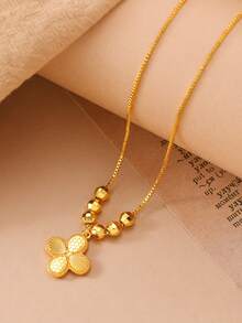 1pc 24K Gold-Plated Copper Middle Eastern Ramadan Clover Laser Engraved Pendant Necklace With Rhombus Beads Accent, Fine Chain Design - Yellow Gold - View 6