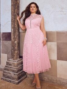 Simplee Plus Size Women's Spring/Summer New Sleeveless Mesh Embroidered Hem Splice Lace Trim Elegant Party Evening Dress, Suitable For Party, Birthday, Wedding Pink - Pink - View 7