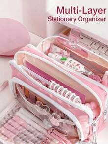 1pc Oversized Macaron Pattern Pencil Case/Storage Bag, INS Style Stationery Pouch, Portable Handheld Pencil Case/Storage Bag, Cosmetic Bag, Suitable For Teenagers Office And Study Supplies - Pink - View 1