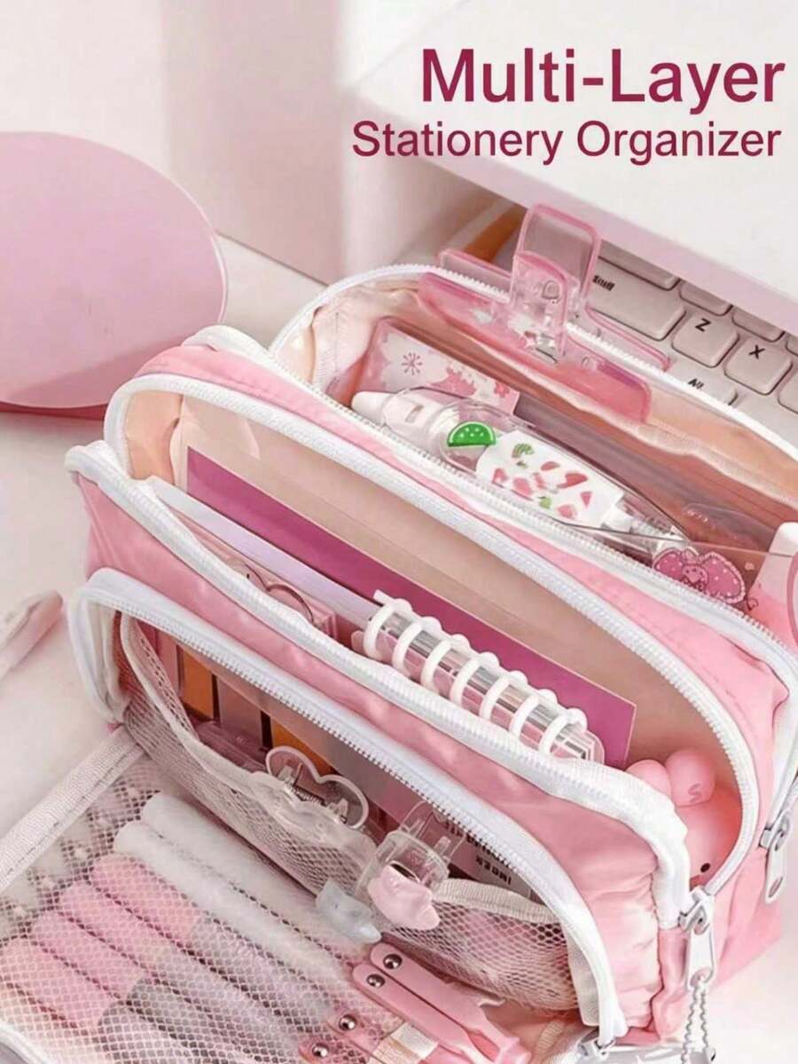 1pc Oversized Macaron Pattern Pencil Case/Storage Bag, INS Style Stationery Pouch, Portable Handheld Pencil Case/Storage Bag, Cosmetic Bag, Suitable For Teenagers Office And Study Supplies - Pink - View 1