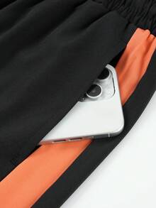 1pc Men's Black & Orange Shorts, Comfortable Soft Drawstring Waist Casual Beach Shorts, Suitable For Water Activities, Beach, Vacation, Pool, Summer - Black - View 9