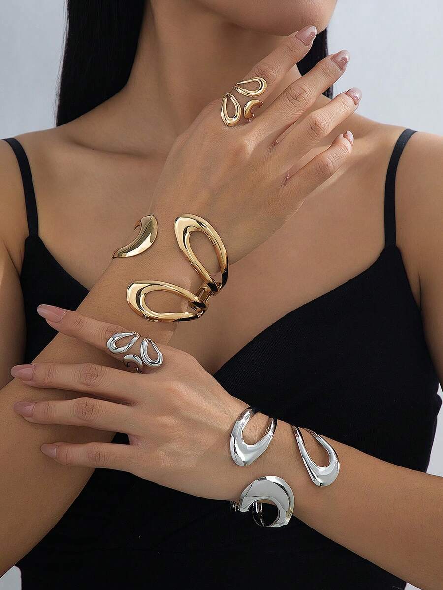2pcs Fashionable & Elegant Smooth Bangle Bracelet & Ring Jewelry Set, Gift For Women, Party & Banquet - Bracelet and Ring Set - View 1