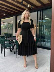 Elegant Women's Casual Dress, Fabric, Hem With Ruffle, Knot, Pleated, Women's Evening Wedding Dress - 黑色 - 查看 2