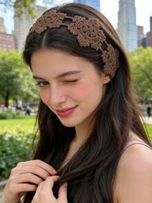 1pc Handmade Crochet Headband - Hollow Flower Design - Adjustable Tie - Boho Style Hair Accessory - Vacation & Photography Prop Fashion Hair Band - Brown - View 1