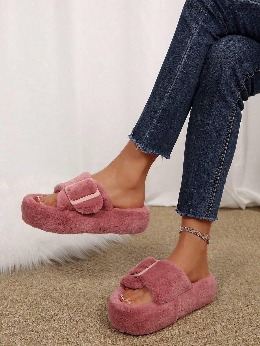 Women's Fluffy Platform Slippers – Cute Fuzzy Slides With Buckle Accent For Home & Casual Wear, Warm & Cozy Shoes - Màu Hoa hồng đỏ - Xem 1