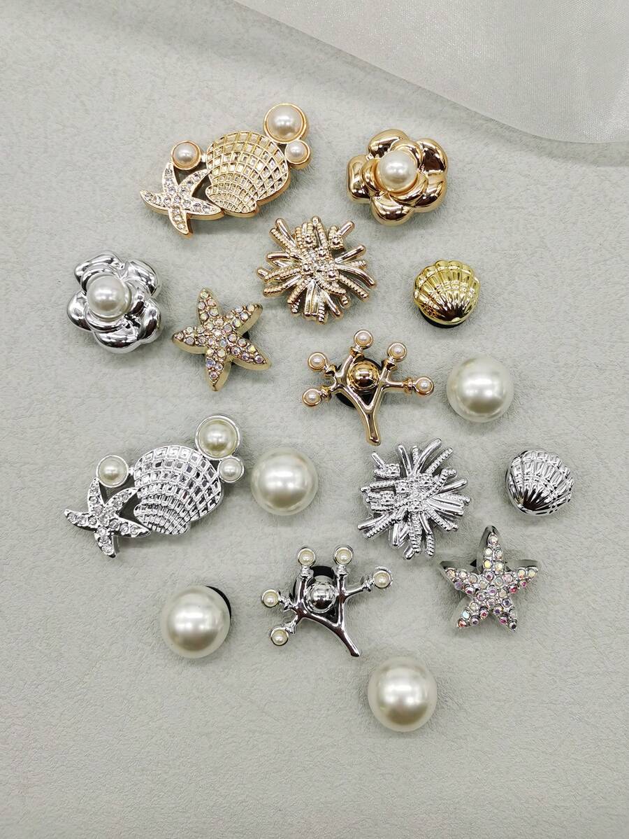 16件海洋主题金色银色海藻贝壳树脂鞋饰配件闪亮水钻海星花朵木屐鞋装饰趣味人造仿珍珠鞋夹饰品女士泡泡拖鞋凉鞋花园鞋沙滩包装饰圣诞节万圣节生日节日派对礼物