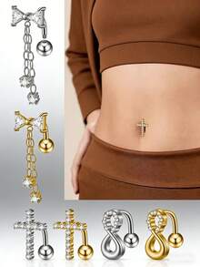 1PC Stainless Steel Reverse Zirconia Cross Belly Button Ring 14G Zirconia Dangle Reverse Navel Piercing Hook Piercings Jewelry - As Shown - View 2