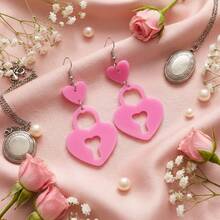 1 paire de boucles d'oreilles pendantes avec pendentif cadenas en forme de cœur, en acrylique léger, cadeau vintage Y2K pour mariage et anniversaire - Rose pâle - Voir 6