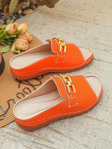 Sandal đế xuồng khoét mũi tròn màu cam thời trang mới mùa hè dành cho nữ, khóa kim loại, kiểu dáng slip-on, phù hợp cho hàng ngày, kỳ nghỉ, đi biển, nhẹ và thoải mái, họa tiết ngẫu nhiên. - Màu cam nổi - Xem 8