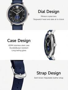 Versace Men's Business Chic Quartz Watch with Leather Strap Vertical Stripe Dial - 藍色 - 查看 2