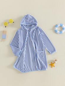 Kids Boys Girls Hooded Terry Coverups One Piece Swimsuits Beach Zip Up Long Sleeve Striped Swim Cover Up Swimwea - Màu xanh da trời - Xem 2
