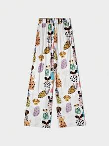 DEAR MOLLY 可爱狗狗印花阔腿裤，舒适百搭高腰宽松休闲女裤，弹性腰带，宽松版型，适合度假和春季穿着。 - 彩色 - 查看 5