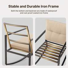 3 Piece Rocking Bistro Set, Black Steel Patio Furniture, Porch Chairs Conversation Set With Glass Coffee Table, Back Cushion, For Balcony, Garden, Deck, Backyard, Beige - 米色 - 查看 5