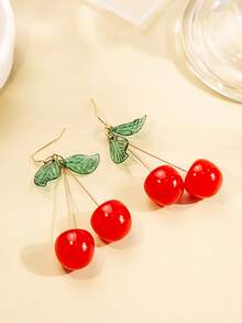 一对樱桃造型水果耳环，配以精致绿叶，卡通可爱树脂耳环，适合女孩佩戴 - 彩色 - 查看 4