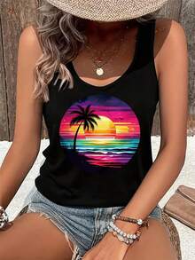 Women'S Tropical Beach Print Tank Top - Vibrant Sunset & Palm Tree Design, Casual Sleeveless Tank For Spring & Summer, Lightweight Polyester Fabric, Perfect For Casual Attire - White - View 12